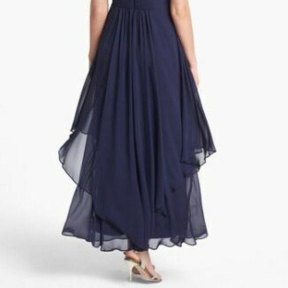 ELIZA J Embellished Tiered Chiffon Halter Gown EVENING BRIDE WEDDING NAVY 2 - Picture 4 of 4